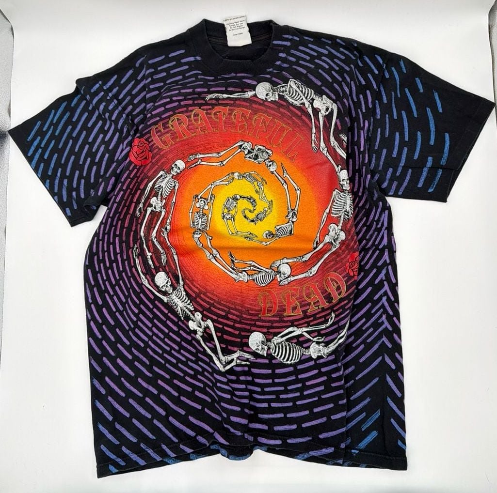 Vintage 1992 Grateful Dead Spiral Skeletons T-Shirt Wild Oats Size L